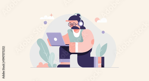 Stylized figure with mustache, glasses, and headphones, using a laptop outdoors