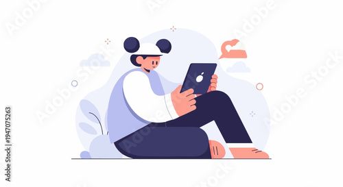Stylized person in panda hat uses tablet, surrounded by abstract shapes and clouds