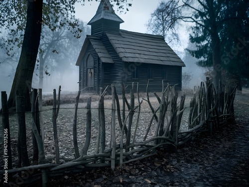 Abandoned wooden chapel in a foggy forest with rustic fence and eerie atmosphere, dark moody countryside landscape