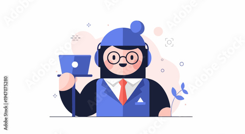 Stylized figure wearing headphones, suit, and tie, holding a laptop