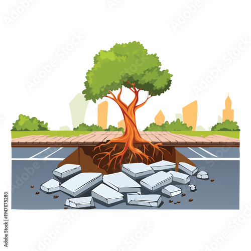 Tree growing through broken ground illustration environmental concept vector