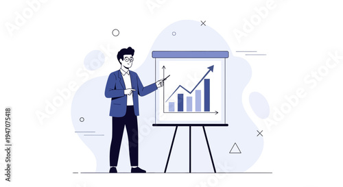 Man presenting business growth chart on whiteboard, financial success concept