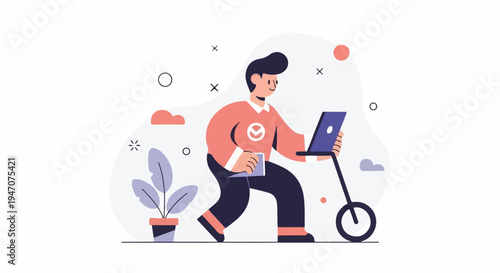 A person riding a scooter while using a laptop in a stylized environment