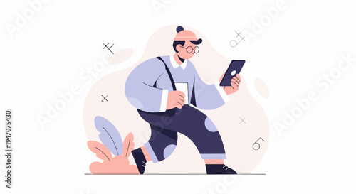 A person with a cap and glasses walks while looking at their phone