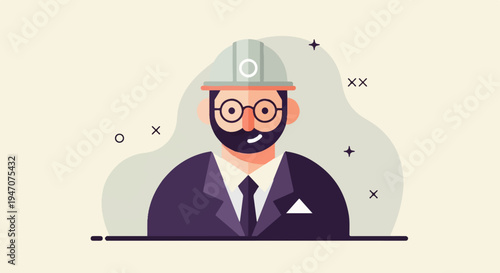 A flat illustration of a smiling engineer wearing a hard hat and suit