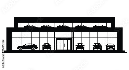 A modern car dealership showroom displays several vehicles in a striking black silhouette high quality professional detailed elegant