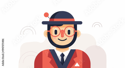 A quirky cartoon character with glasses, a hat, and a suit