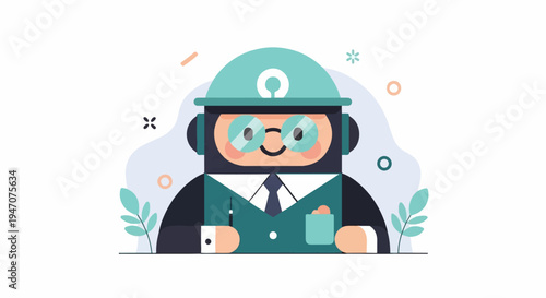 Anthropomorphic robot wearing glasses and a suit, holding a pen