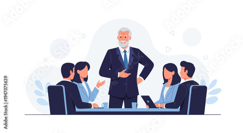 Business meeting with senior leader presenting to team in modern office