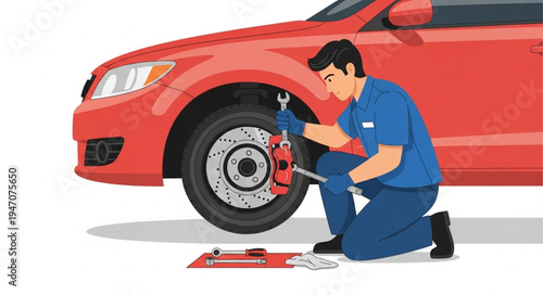 Mechanic repairing car wheel.