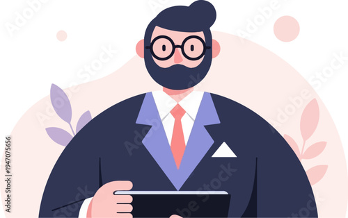 Bearded man in suit and glasses holds tablet, with abstract shapes and leaves