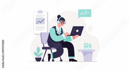 Professional works on laptop with chart and medical supplies