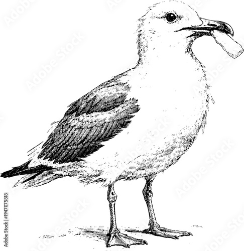 Victorian Engraved Seagull Holding Chip Illustration