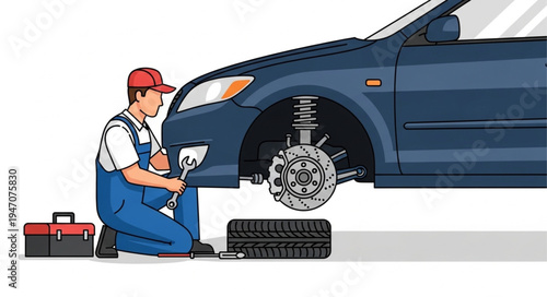 Mechanic repairing car wheel.