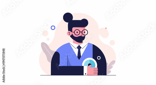 Professional man in glasses with a circular object and abstract background