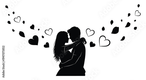 A romantic couple embraces tenderly surrounded by floating heart shapes creating a loving and heartfelt scene silhouette