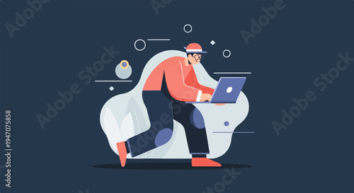 A person in a red shirt and blue pants, wearing glasses and a hat, works on a laptop