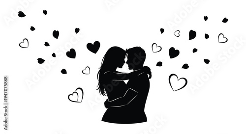 A couple embraces tenderly surrounded by floating hearts presented as a striking black silhouette high quality professional detailed