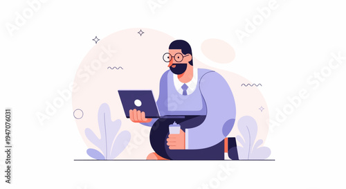 Bearded man with glasses kneeling with laptop and drink