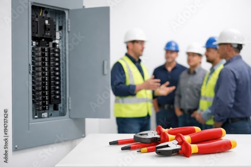 Electricians discussing work near electrical panel with insulated tools on table in industrial workspace