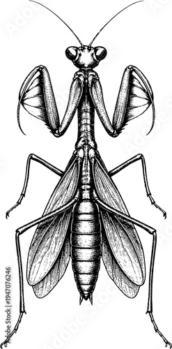 Victorian Engraved Praying Mantis Scientific Illustration
