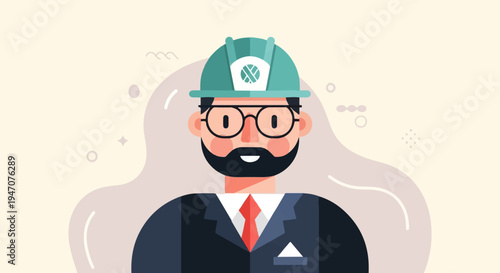 Flat illustration of a smiling bearded man in a hard hat and suit
