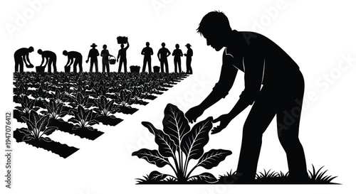 A line of farmers tending to crops in a field is depicted in a striking black silhouette