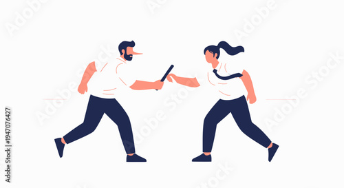 Business relay race: Man with long nose passes baton to woman in office attire