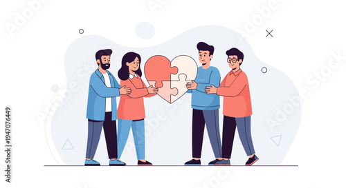 Teamwork heart puzzle, diverse people connecting pieces, unity and love concept