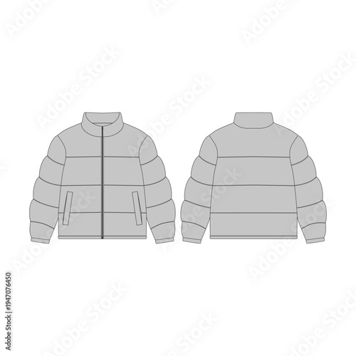 Blank grey puffer jacket mockup front and back view. Winter outerwear technical fashion flat sketch template. Down padded coat tech pack vector illustration for apparel clothing design.