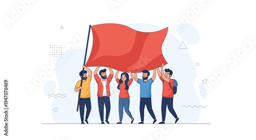 Diverse group of people holding a red flag together, symbolizing unity and protest