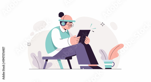 Person wearing headphones, glasses, and casual clothes, absorbed in a tablet