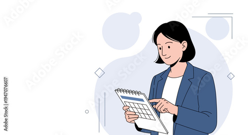 Businesswoman planning her schedule on a calendar, modern flat illustration
