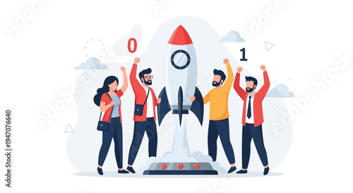 Team celebrating a successful startup launch with a rocket taking off