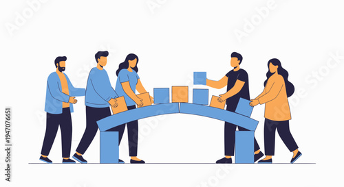 Teamwork building bridge with blocks, collaboration, success, strategy, partnership