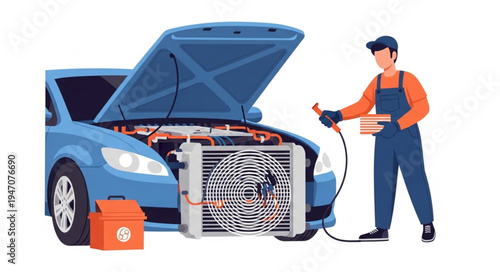 Mechanic repairing car radiator.