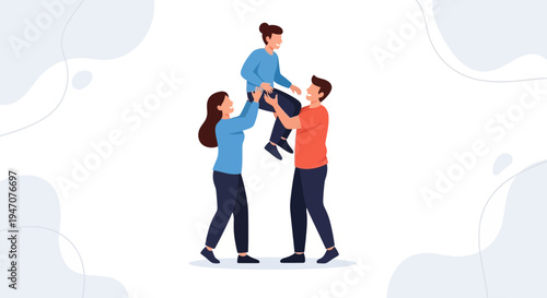 Happy family playing together, parents lifting child up in the air, joy and fun