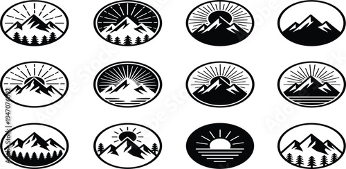 Mountain landscape badge logo set with sunrise sunset peaks forest nature adventure outdoor emblem vector collection design