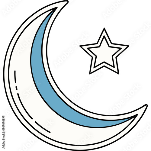 A crescent moon shines with a star in the night sky.