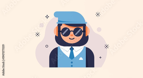 Stylized character wearing a cap, sunglasses, and formal attire