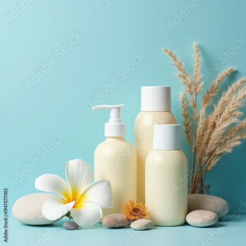 Elegant Display of Skincare Products with Natural Elements on a Soft Blue Background