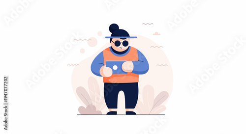 Person with dark hair bun, round sunglasses, orange vest, blue sleeves, dark pants, holding tablet