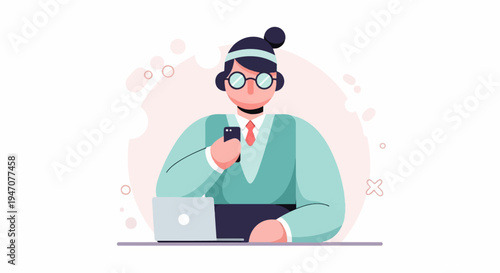 Person with glasses, holding phone, with laptop on desk, simple style
