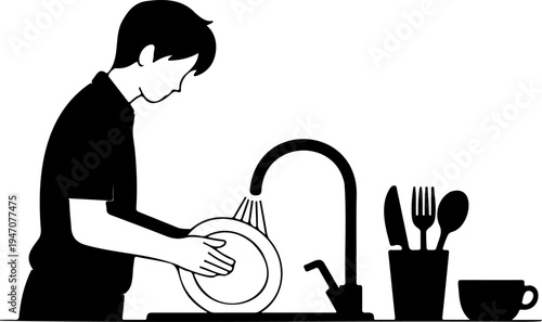 Silhouette of a Person Washing Dishes at a Kitchen Sink for Domestic Chores and Home Lifestyle Illustrations