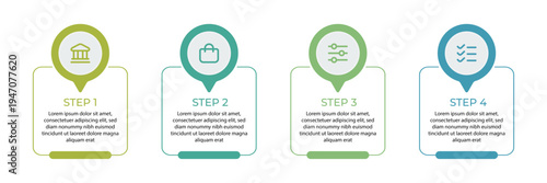 Modern four step business process infographic with workflow icons, clean vector illustration isolated on transparent background