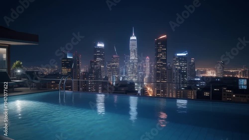 Luxury City View at Night from Rooftop Pool