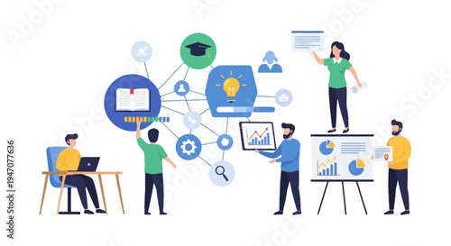 Knowledge Management and Learning Process Illustration. Team Collaboration, Skill Development, Data Analysis, and Education Network Diagram.