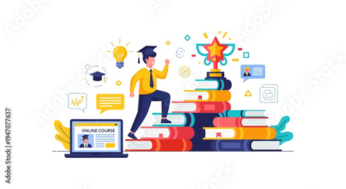Educational Success Path: Student Climbs Book Stairs to Achieve Graduation Trophy. Online Course and Career Development Concept Illustration.