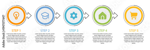Modern five step business process infographic with colorful circular icons and text placeholders, clean vector illustration isolated on transparent background