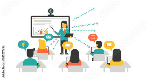 Online Education and Business Training Concept: Instructor Teaching Data Analysis to Students in a Digital Classroom via Webinar